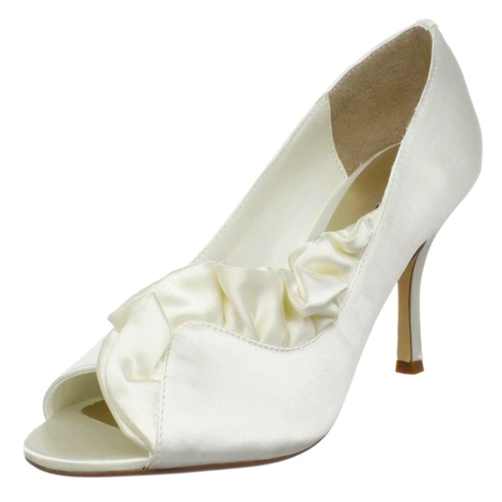 Ivory Satin Ann Marino Hollywood Ruffle Peep-Toe Heels Size 11